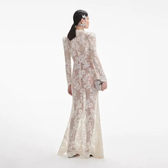 White Rhinestone Lace Maxi Dress Women Self Portrait Dresses White Rhinestone Lace Maxi Dress Women Self Portrait Dresses