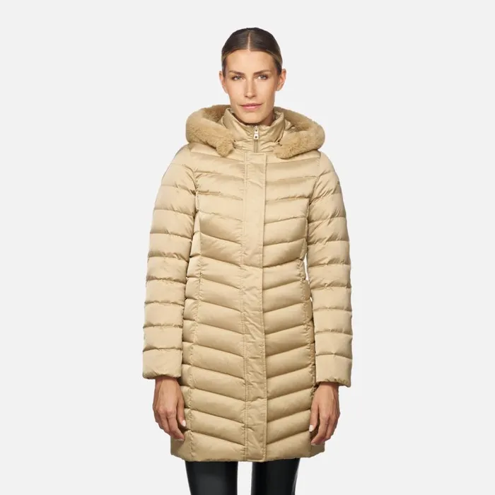Woman Geox Down Jackets BETTANIE WOMAN Travertine Fulllength Quilted Coat Travertine