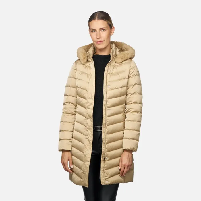 Woman Geox Down Jackets BETTANIE WOMAN Travertine Fulllength Quilted Coat Travertine