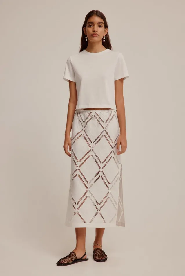Woman Venroy Skirts Embroidered Linen Midi Skirt