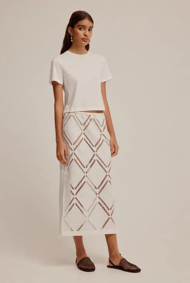 Woman Venroy Skirts Embroidered Linen Midi Skirt