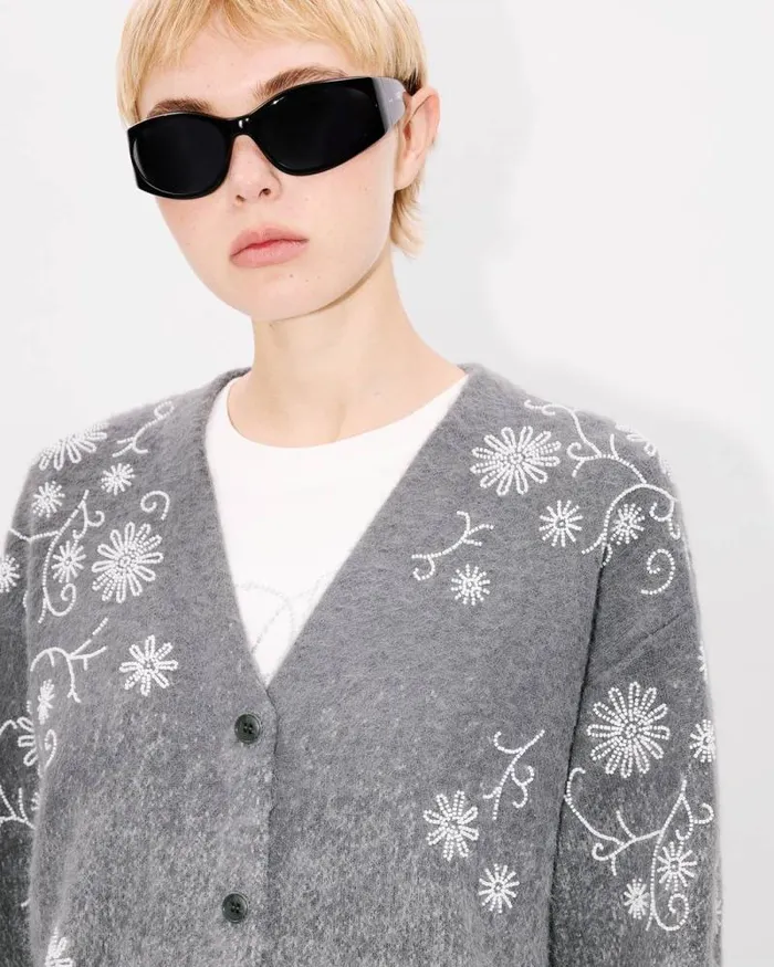 Women 039KENZO Marguerite039 Embroidered Cardigan Stone Grey Kenzo Sweaters And Cardigans