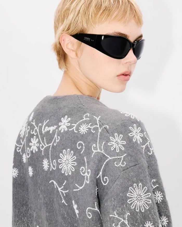 Women 039KENZO Marguerite039 Embroidered Cardigan Stone Grey Kenzo Sweaters And Cardigans