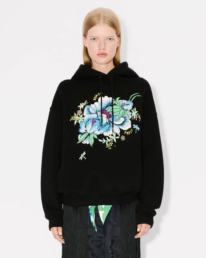 Women 039KENZO Peonies039 Embroidered Oversized Hoodie In Cotton Black Kenzo Sweatshirts And Hoodies