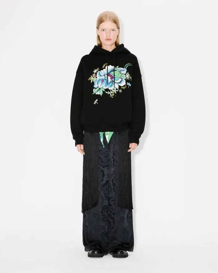 Women 039KENZO Peonies039 Embroidered Oversized Hoodie In Cotton Black Kenzo Sweatshirts And Hoodies