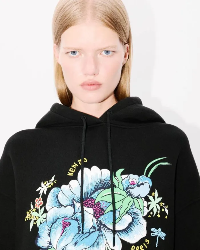 Women 039KENZO Peonies039 Embroidered Oversized Hoodie In Cotton Black Kenzo Sweatshirts And Hoodies