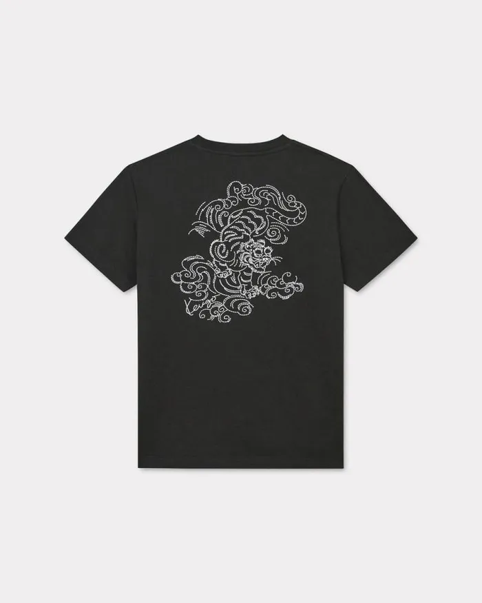 Women 039KENZO Star Tiger039 Embroidered Loose Tshirt In Cotton Black Kenzo Tshirts And Polos