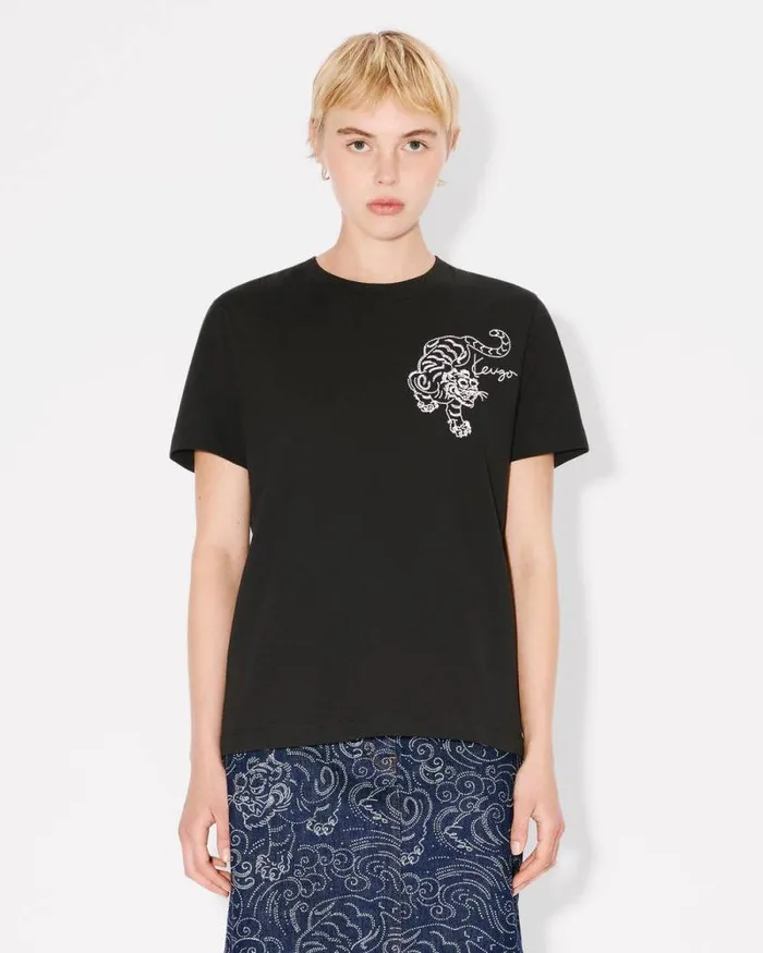 Women 039KENZO Star Tiger039 Embroidered Loose Tshirt In Cotton Black Kenzo Tshirts And Polos