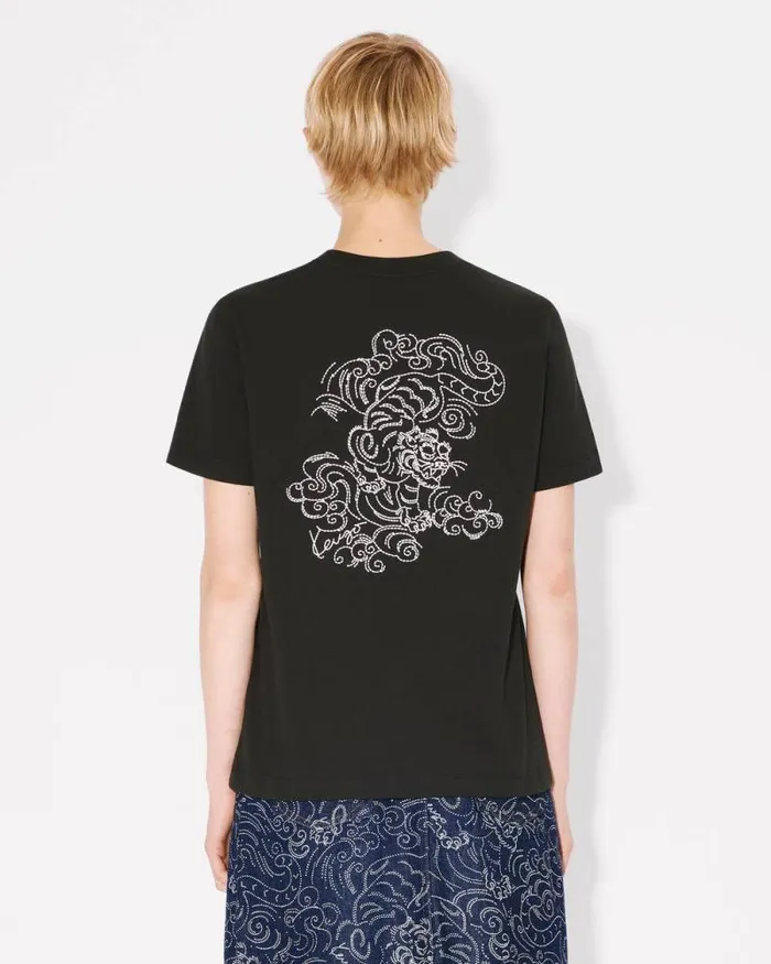 Women 039KENZO Star Tiger039 Embroidered Loose Tshirt In Cotton Black Kenzo Tshirts And Polos