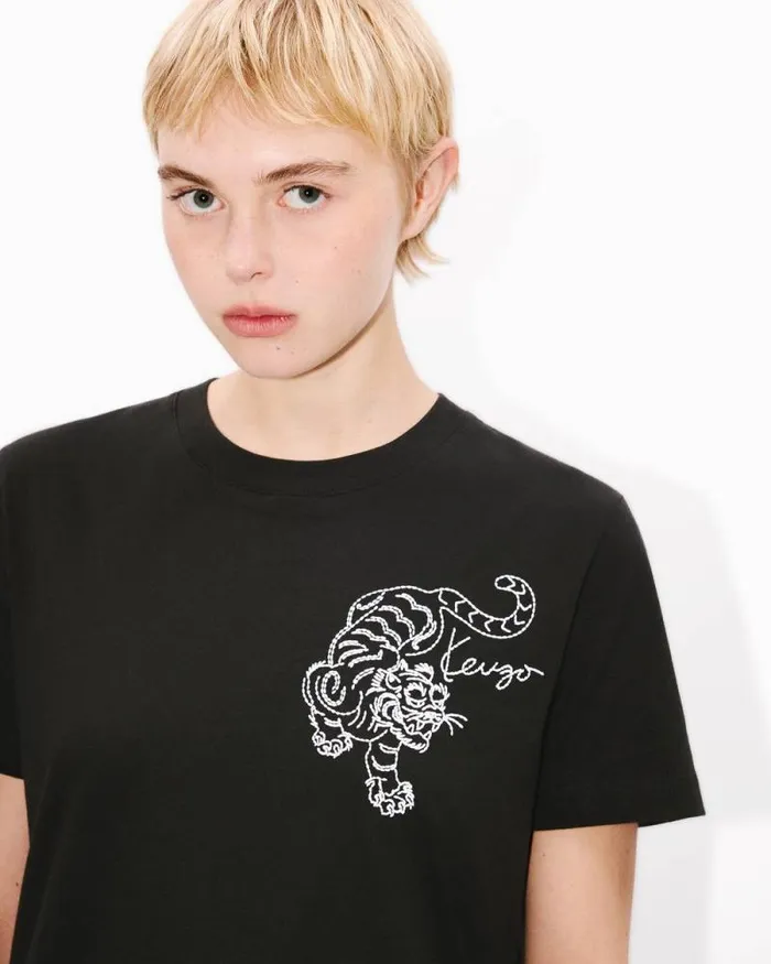 Women 039KENZO Star Tiger039 Embroidered Loose Tshirt In Cotton Black Kenzo Tshirts And Polos