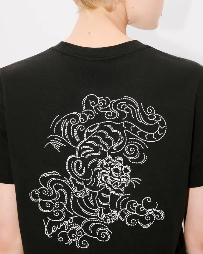 Women 039KENZO Star Tiger039 Embroidered Loose Tshirt In Cotton Black Kenzo Tshirts And Polos