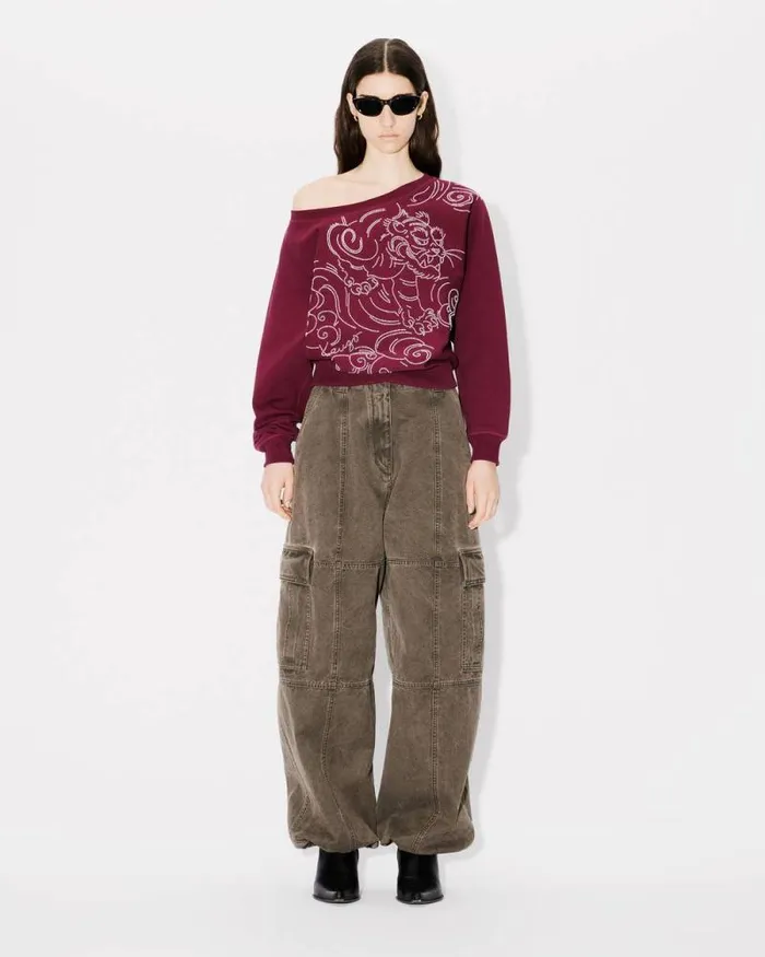 Women 039KENZO Star Tiger039 Embroidered Oversized Batwing Sweatshirt Bordeaux Kenzo Sweatshirts And Hoodies