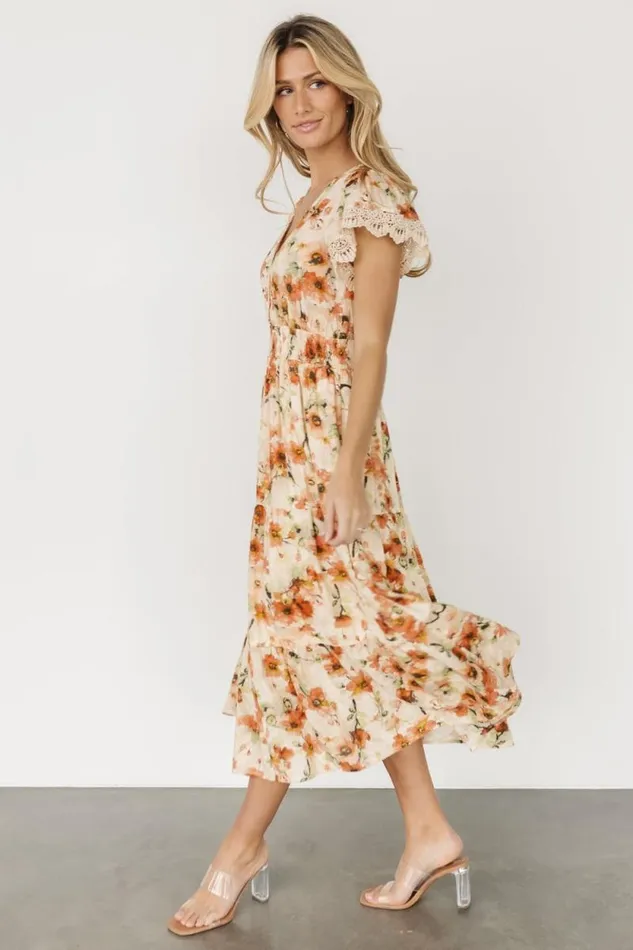 Women Aliyah Midi Dress Coral Floral Baltic Born Midi Dresses Women Aliyah Midi Dress Coral Floral Baltic Born Midi Dresses