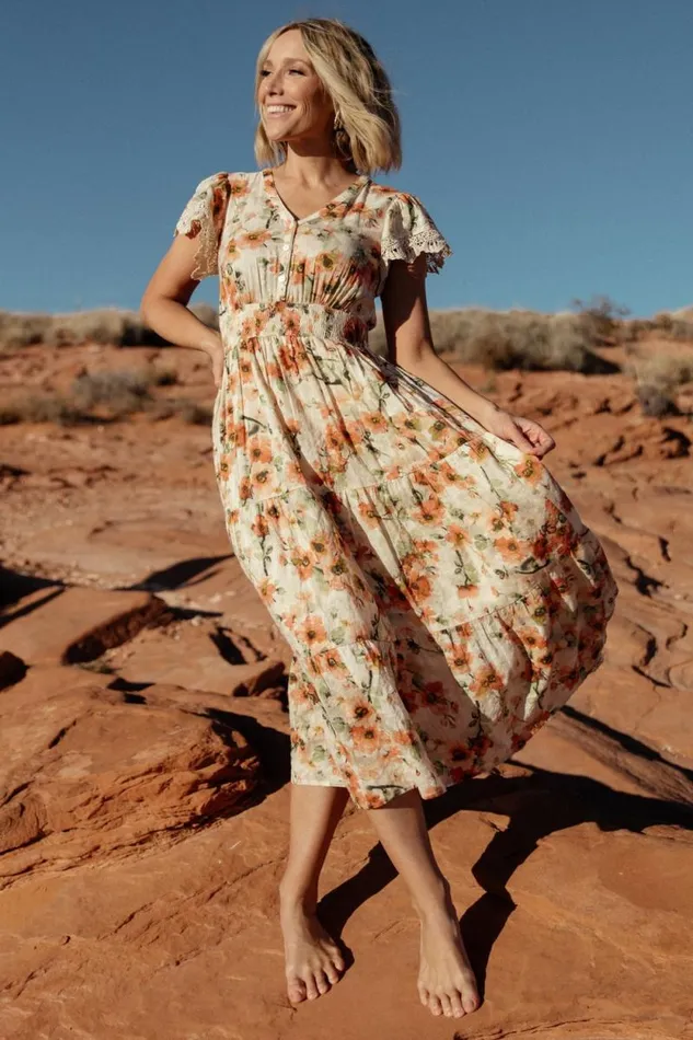 Women Aliyah Midi Dress Coral Floral Baltic Born Midi Dresses Women Aliyah Midi Dress Coral Floral Baltic Born Midi Dresses