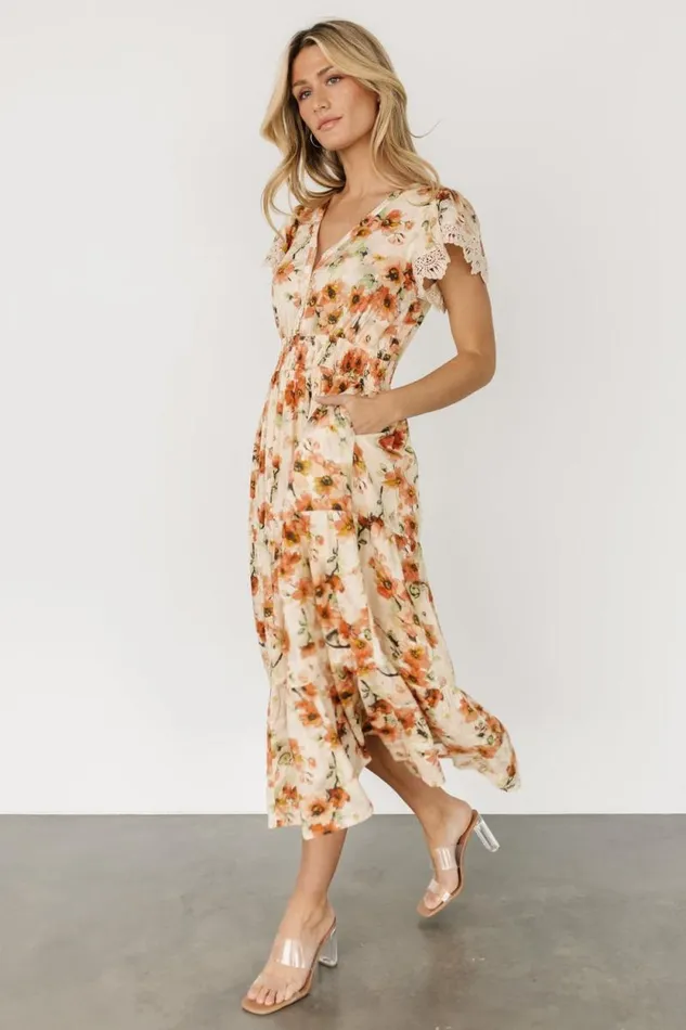 Women Aliyah Midi Dress Coral Floral Baltic Born Midi Dresses Women Aliyah Midi Dress Coral Floral Baltic Born Midi Dresses