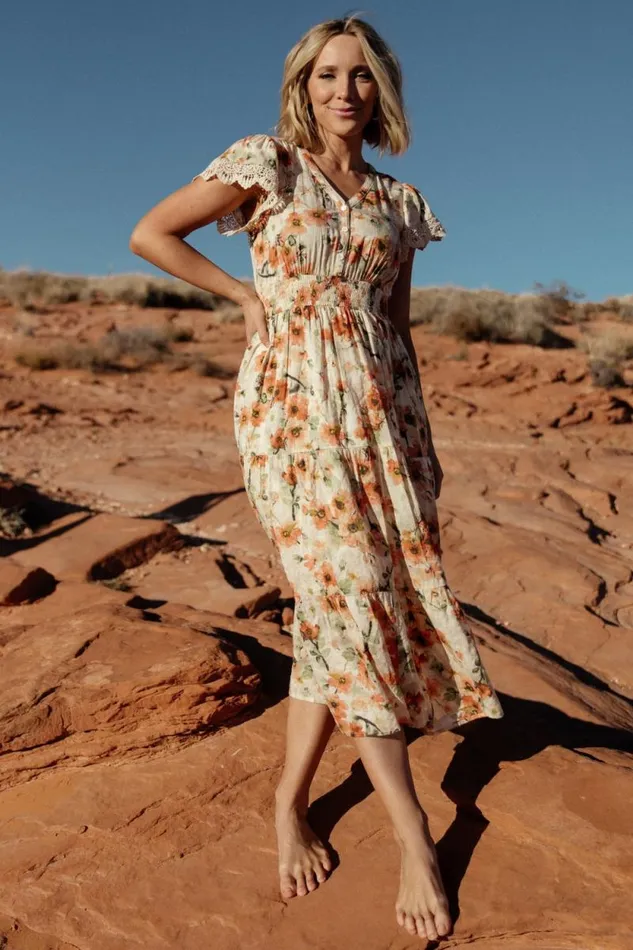 Women Aliyah Midi Dress Coral Floral Baltic Born Midi Dresses Women Aliyah Midi Dress Coral Floral Baltic Born Midi Dresses