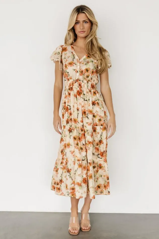 Women Aliyah Midi Dress Coral Floral Baltic Born Midi Dresses Women Aliyah Midi Dress Coral Floral Baltic Born Midi Dresses