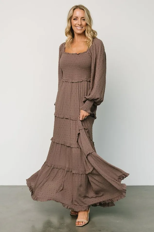Women Amanda Smocked Dotted Maxi Dress Brown Baltic Born Maxi Dresses