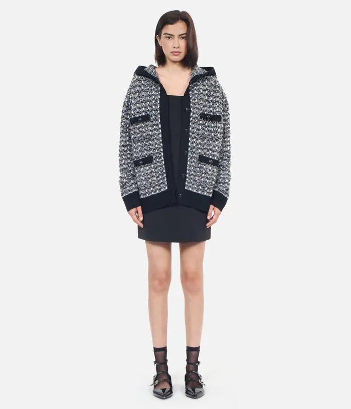 Women Black And White Tweed Hooded Cardigan THE KOOPLES Sweaters