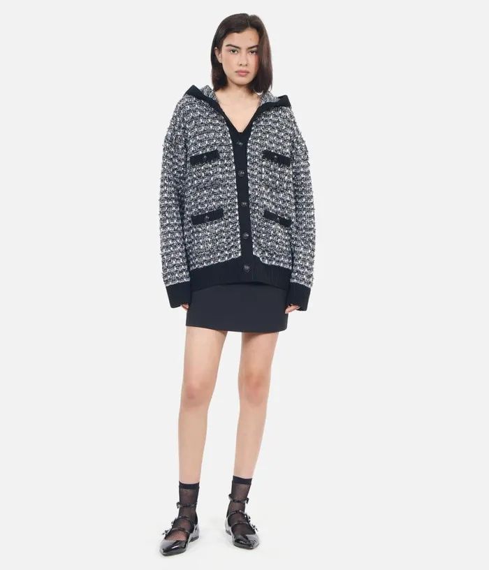 Women Black And White Tweed Hooded Cardigan THE KOOPLES Sweaters