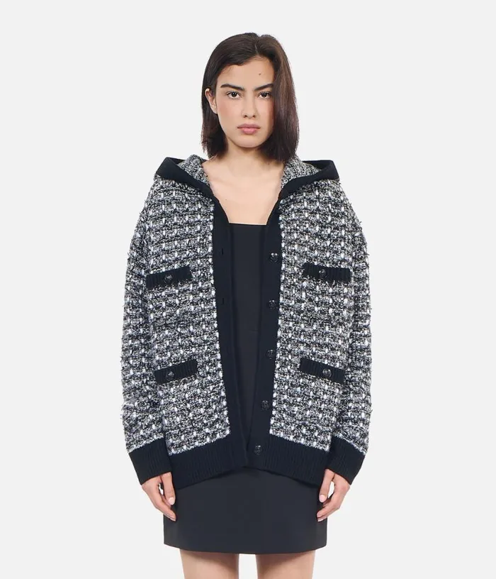 Women Black And White Tweed Hooded Cardigan THE KOOPLES Sweaters