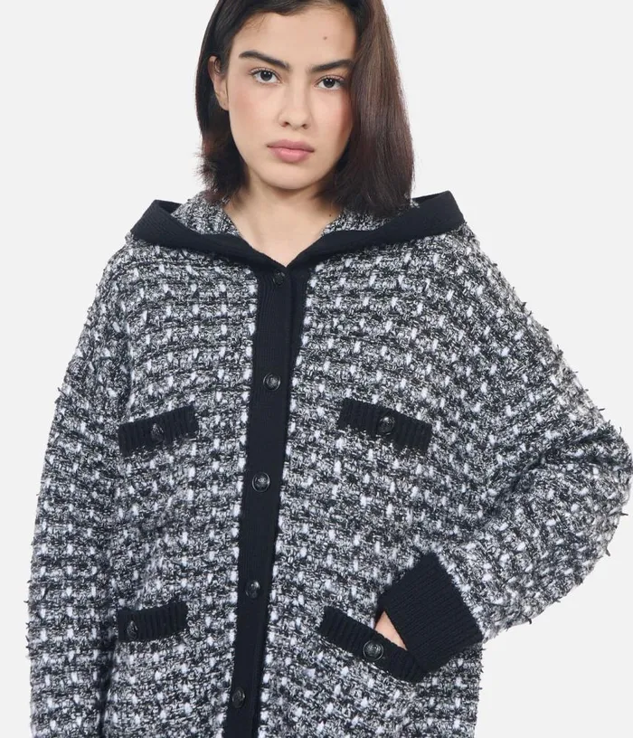 Women Black And White Tweed Hooded Cardigan THE KOOPLES Sweaters