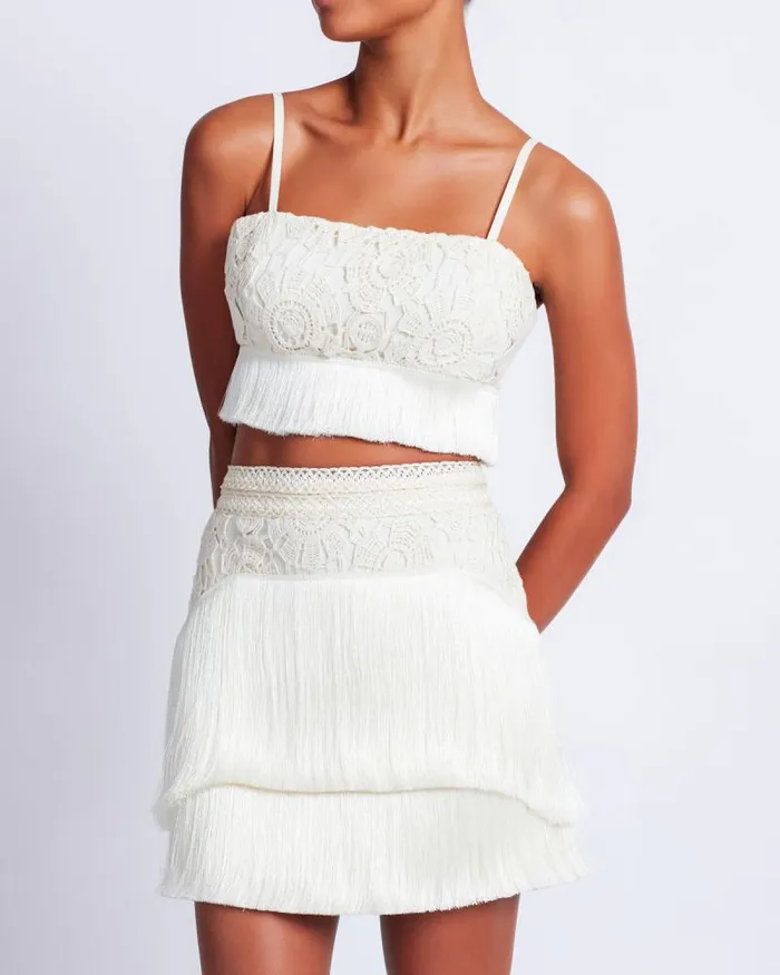 Women Bottoms PatBO Crochet Fringe Mini Skirt Wheat