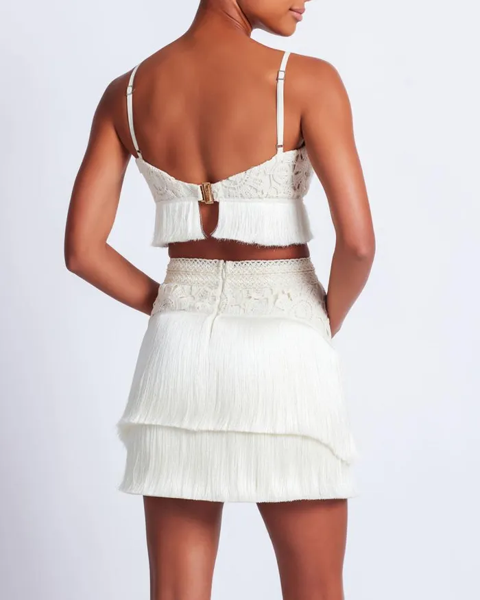 Women Bottoms PatBO Crochet Fringe Mini Skirt Wheat