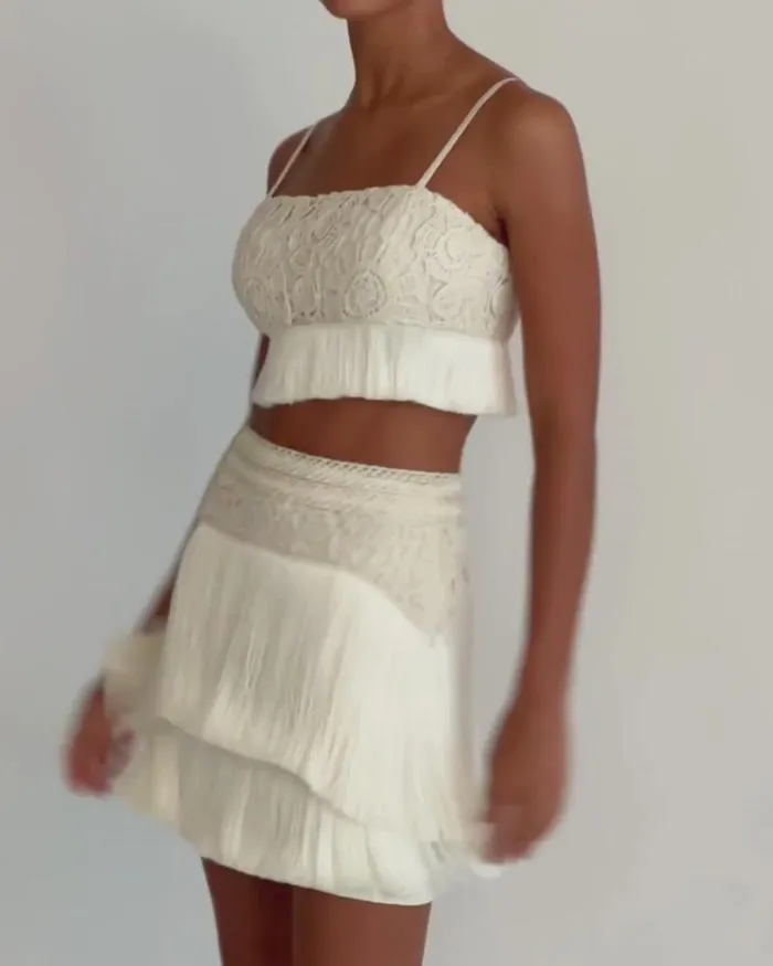 Women Bottoms PatBO Crochet Fringe Mini Skirt Wheat