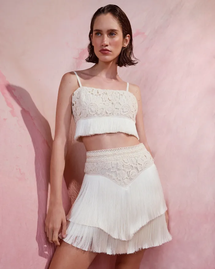 Women Bottoms PatBO Crochet Fringe Mini Skirt Wheat