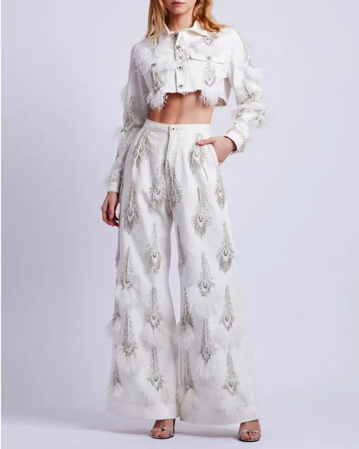 Women Bottoms PatBO HandBeaded Denim And Feather Jeans FINAL SALE White