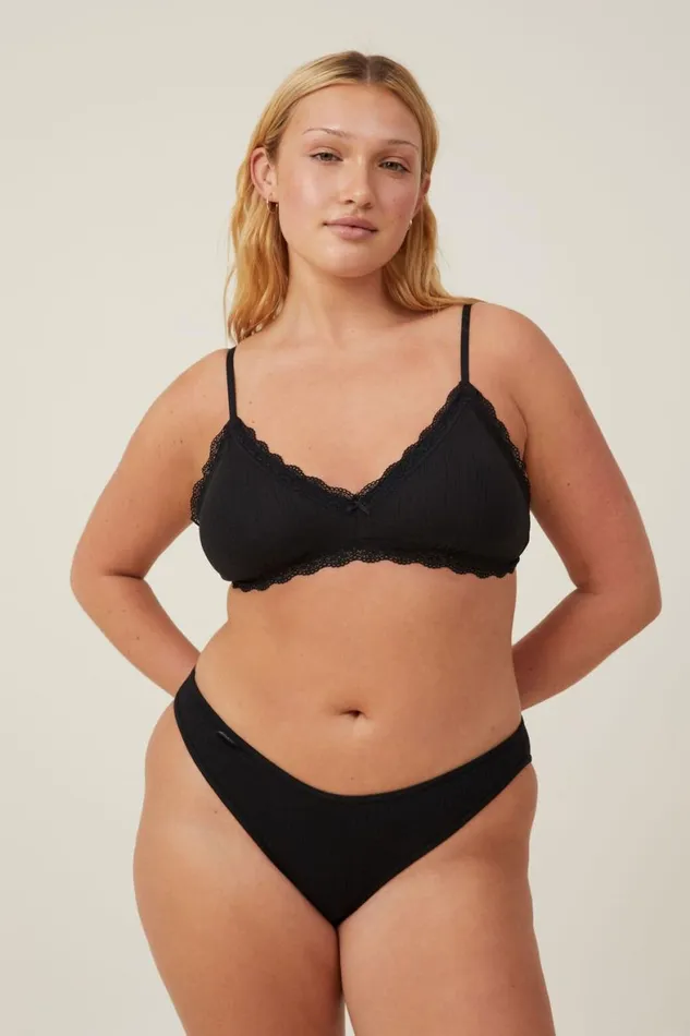 Women Bras Cotton On Organic Cotton Lace Triangle Padded Bralette Black Pointelle