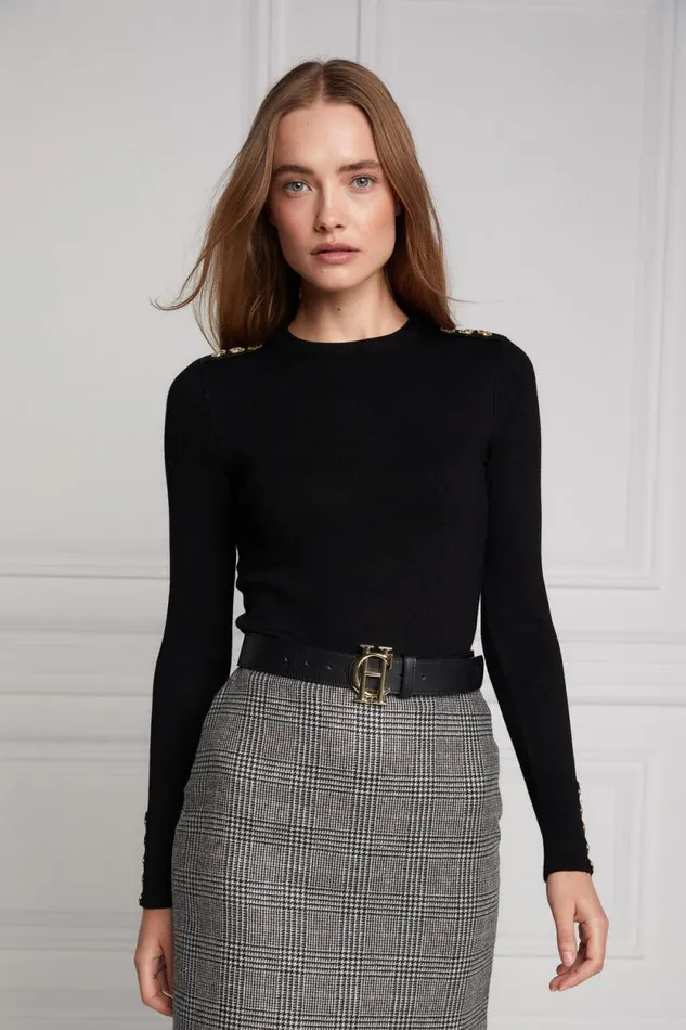 Women Buttoned Knit Crew Neck Black Holland Cooper Knitwear