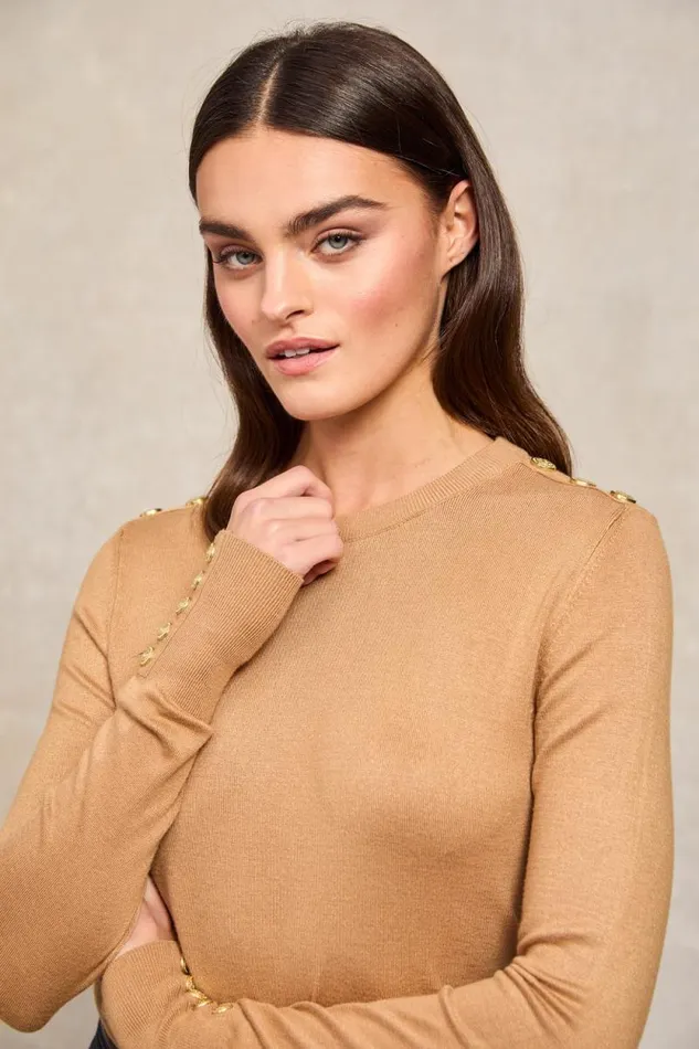 Women Buttoned Knit Crew Neck Dark Camel Holland Cooper Knitwear Women Buttoned Knit Crew Neck Dark Camel Holland Cooper Knitwear