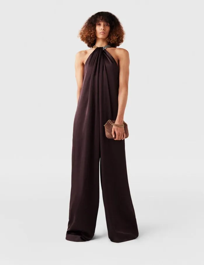 Women Chain Halterneck Satin Jumpsuit Chocolate Brown Stella McCartney Jumpsuits Women Chain Halterneck Satin Jumpsuit Chocolate Brown Stella McCartney Jumpsuits