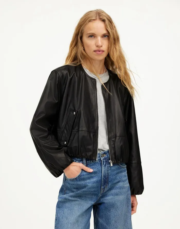 Women Coats Jackets Madewell Leather BubbleSleeve Jacket True Black