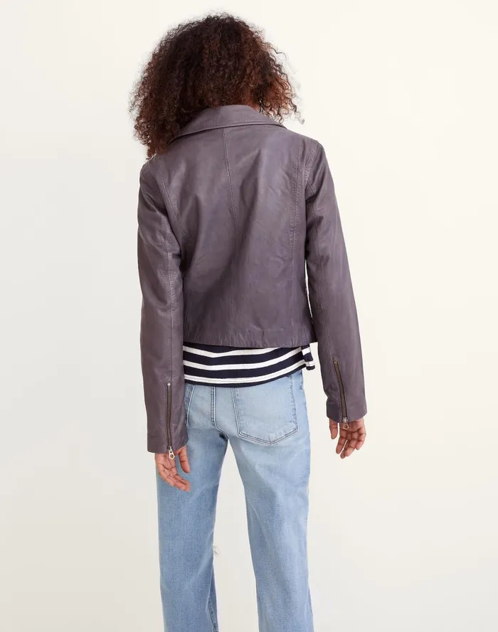 Women Coats Jackets Madewell Washed Leather Motorcycle Jacket Brass Hardware Edition Sunfaded Indigo