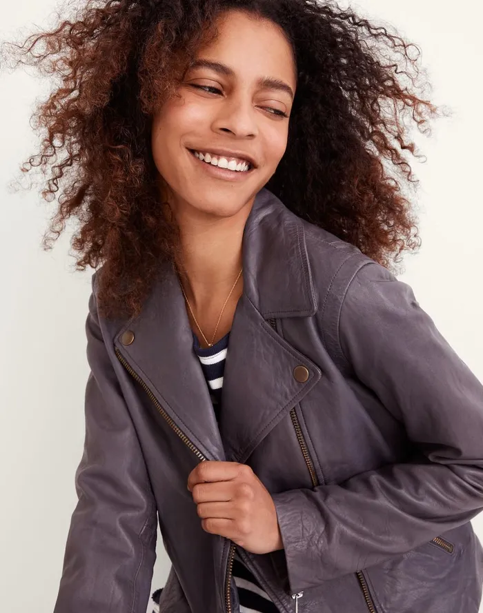 Women Coats Jackets Madewell Washed Leather Motorcycle Jacket Brass Hardware Edition Sunfaded Indigo