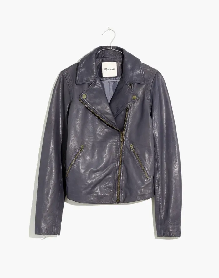 Women Coats Jackets Madewell Washed Leather Motorcycle Jacket Brass Hardware Edition Sunfaded Indigo