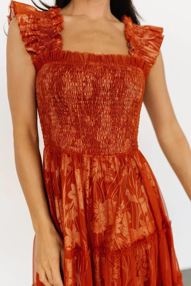 Women Cora Smocked Tulle Dress Rust Floral Baltic Born Midi Dresses Women Cora Smocked Tulle Dress Rust Floral Baltic Born Midi Dresses