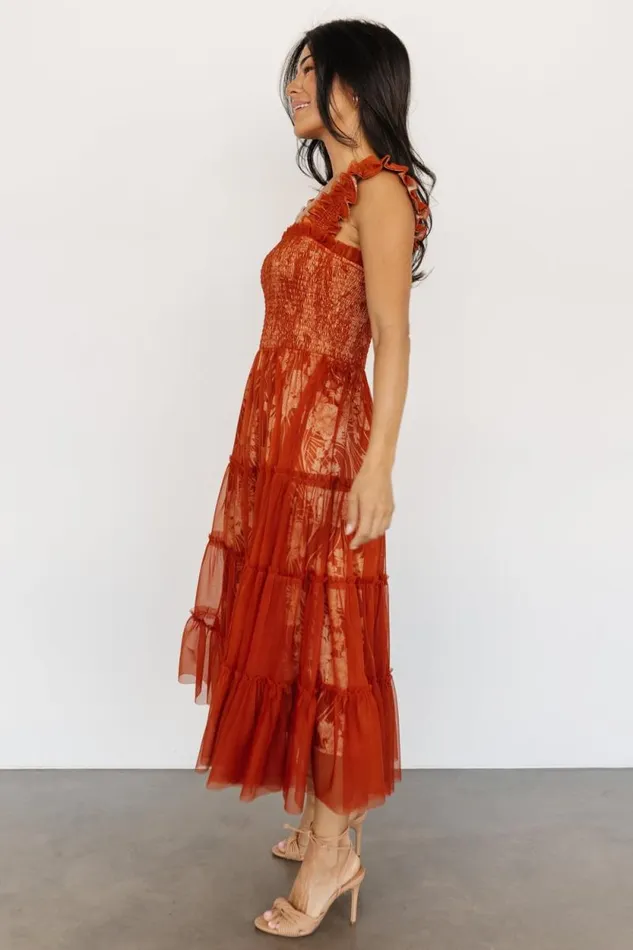 Women Cora Smocked Tulle Dress Rust Floral Baltic Born Midi Dresses Women Cora Smocked Tulle Dress Rust Floral Baltic Born Midi Dresses