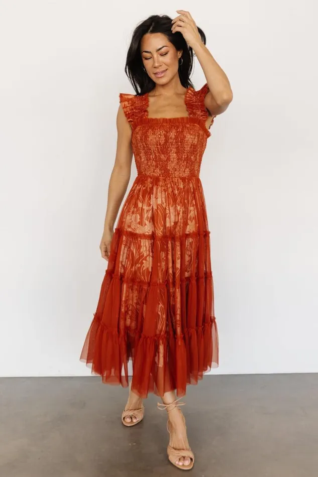 Women Cora Smocked Tulle Dress Rust Floral Baltic Born Midi Dresses Women Cora Smocked Tulle Dress Rust Floral Baltic Born Midi Dresses