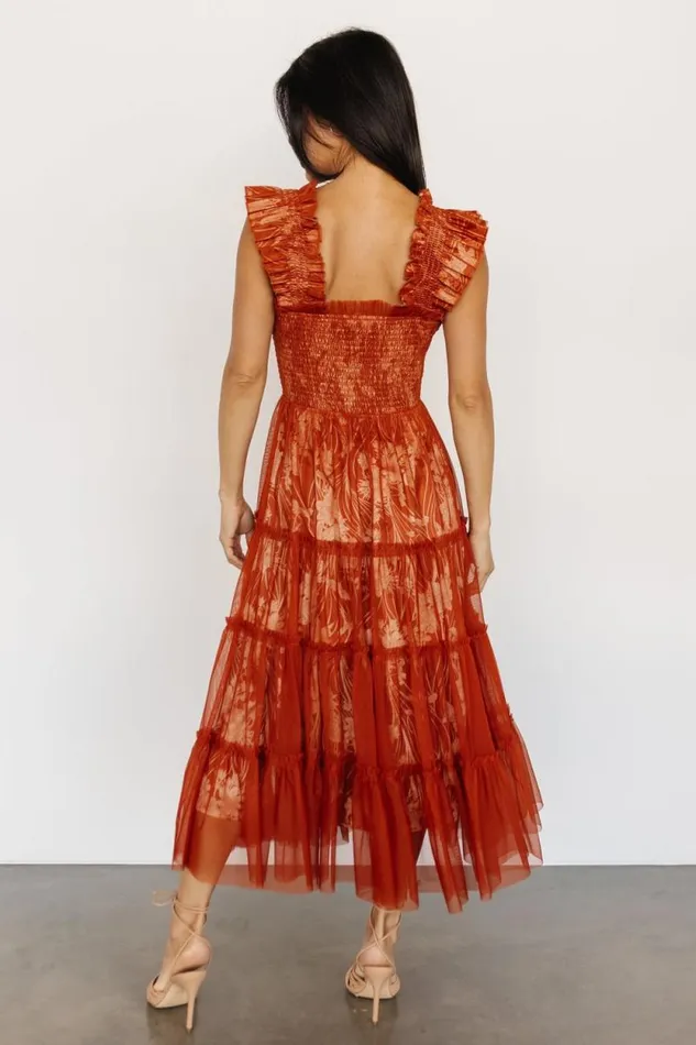 Women Cora Smocked Tulle Dress Rust Floral Baltic Born Midi Dresses Women Cora Smocked Tulle Dress Rust Floral Baltic Born Midi Dresses