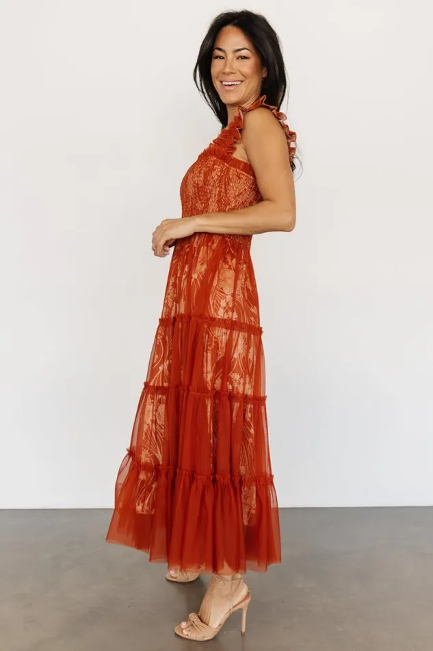 Women Cora Smocked Tulle Dress Rust Floral Baltic Born Midi Dresses Women Cora Smocked Tulle Dress Rust Floral Baltic Born Midi Dresses
