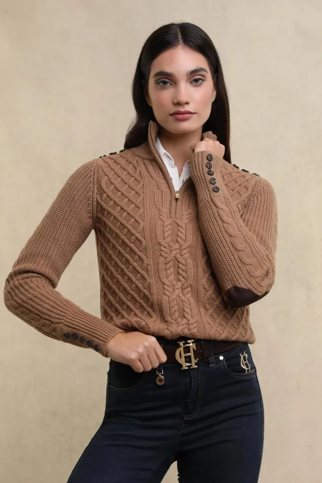 Women Country Cable Quarter Zip Knit Caramel Holland Cooper Knitwear