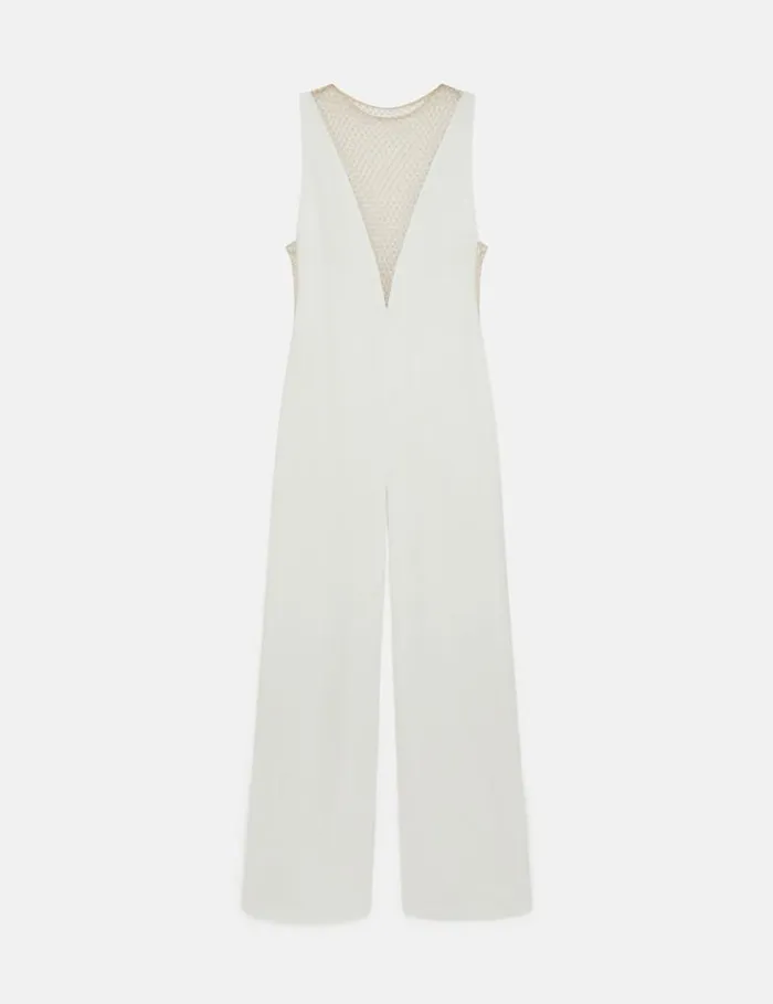 Women Crystal Mesh Deep V Jumpsuit Pure White Stella McCartney Jumpsuits