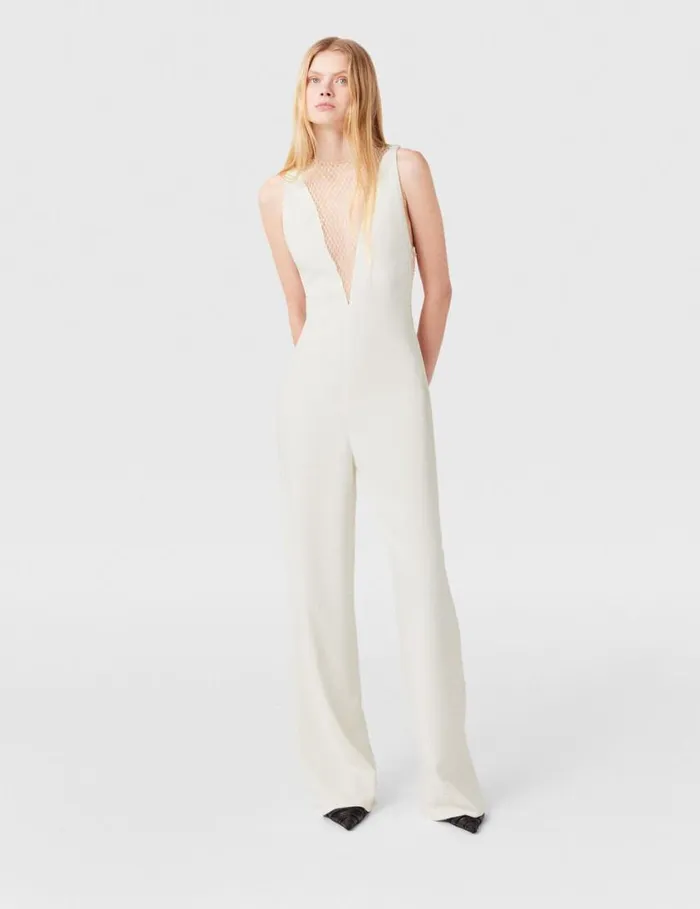 Women Crystal Mesh Deep V Jumpsuit Pure White Stella McCartney Jumpsuits Women Crystal Mesh Deep V Jumpsuit Pure White Stella McCartney Jumpsuits