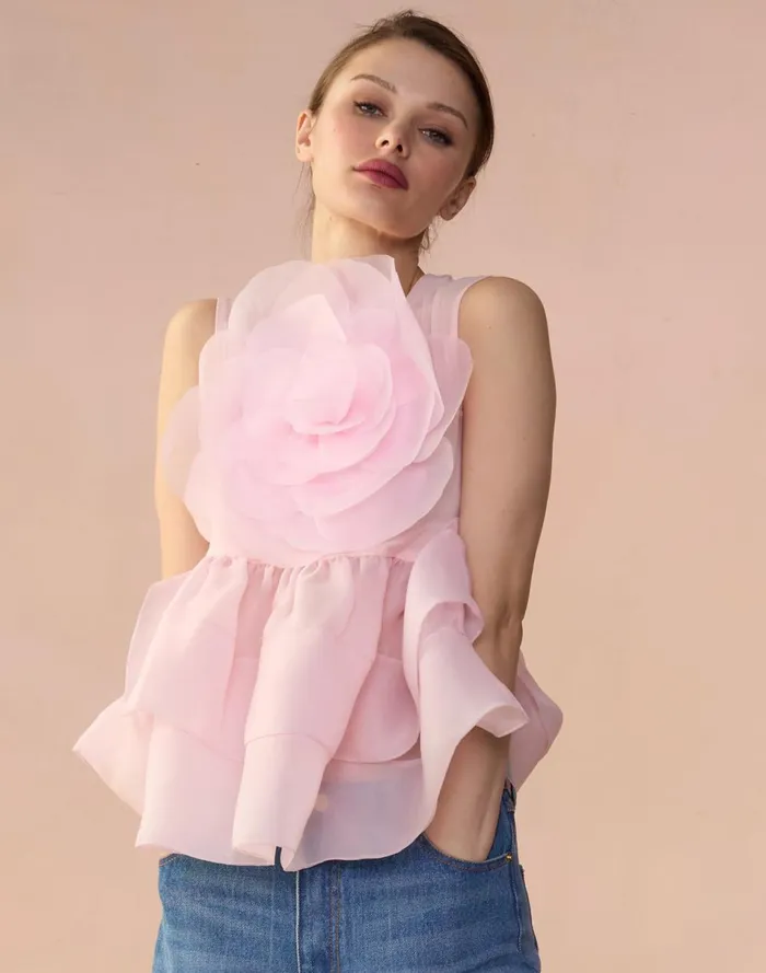 Women Cynthia Rowley Tops Chloe Organza Flower Top Pink Women Cynthia Rowley Tops Chloe Organza Flower Top Pink