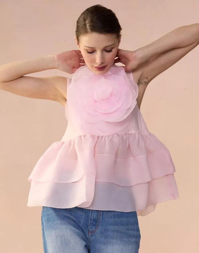 Women Cynthia Rowley Tops Chloe Organza Flower Top Pink Women Cynthia Rowley Tops Chloe Organza Flower Top Pink