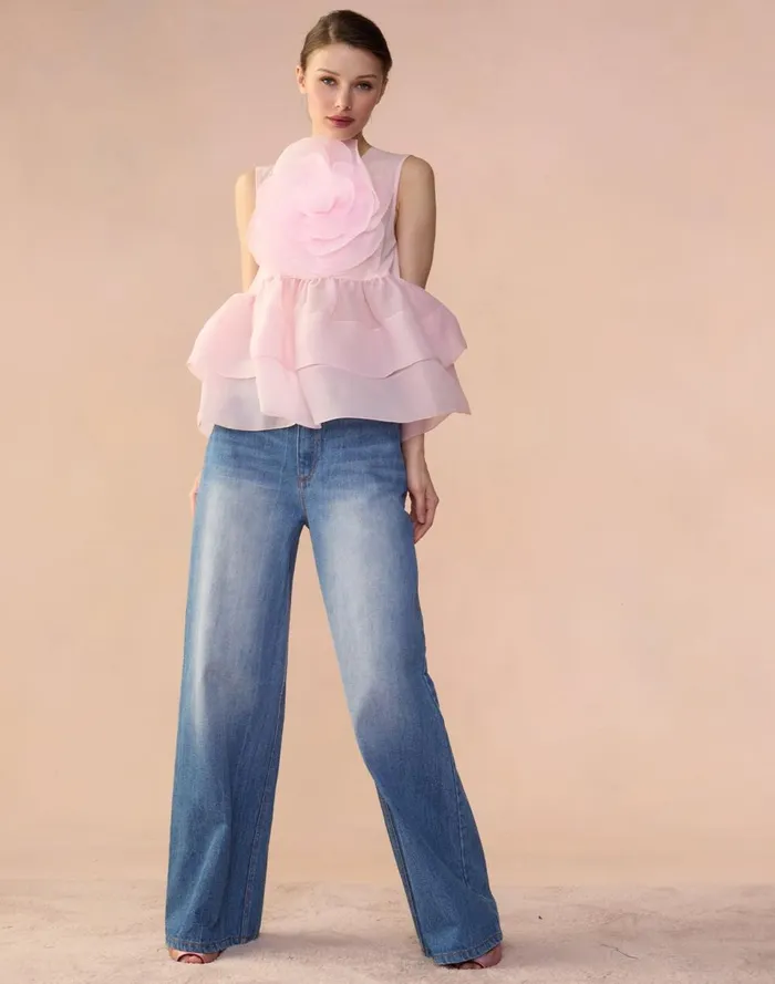Women Cynthia Rowley Tops Chloe Organza Flower Top Pink Women Cynthia Rowley Tops Chloe Organza Flower Top Pink